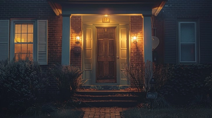 Residential building entrance after dusk, a dim porch light over a heavy door, a row of unlabeled bells, wet steps, and a narrow sidewalk fading into the next block, 1200x800