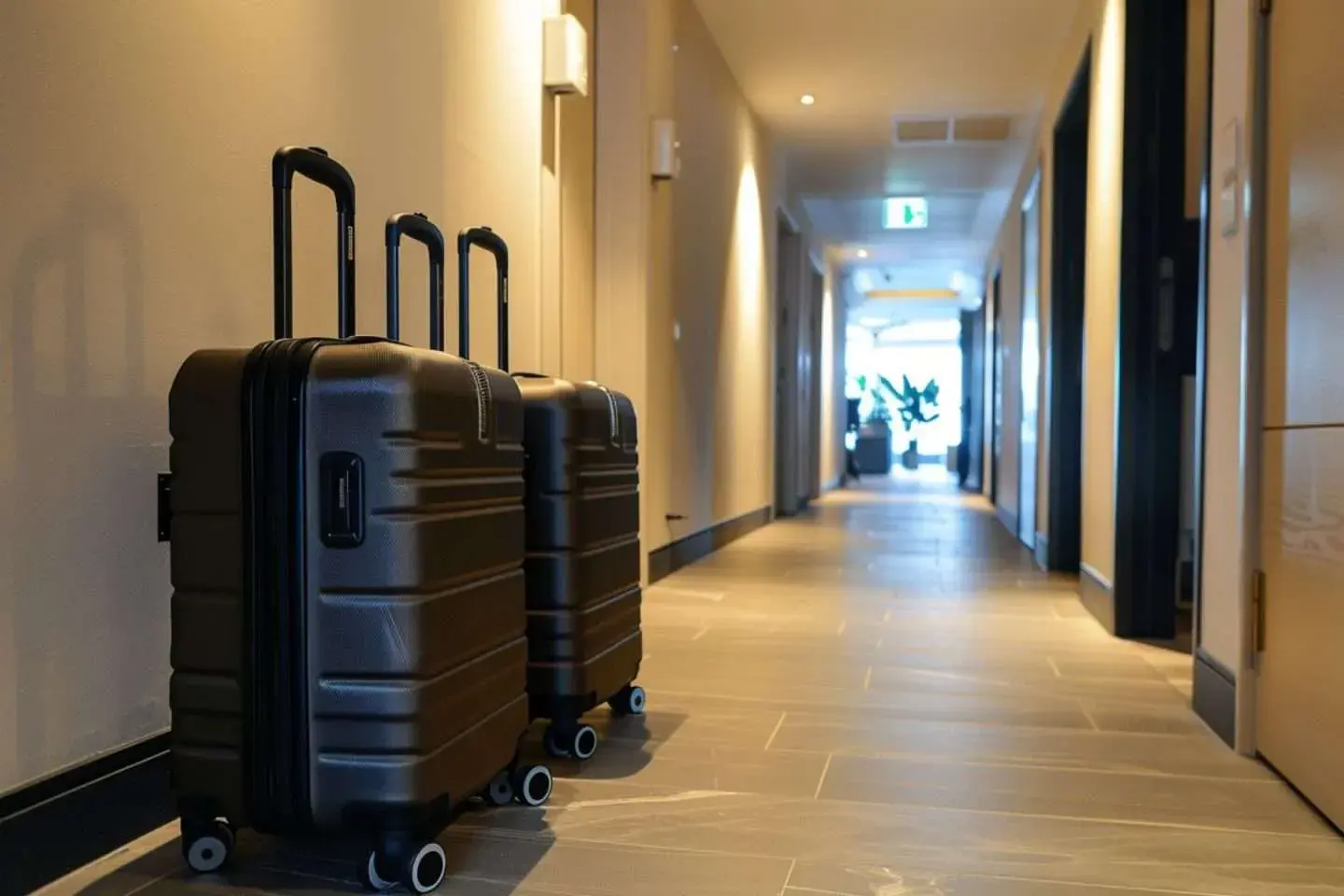 Two suitcases standing in a narrow hallway with a worn runner, a closed interior door, a wall hook with a canvas bag, and pale light from a high window at the far end, 1200x800